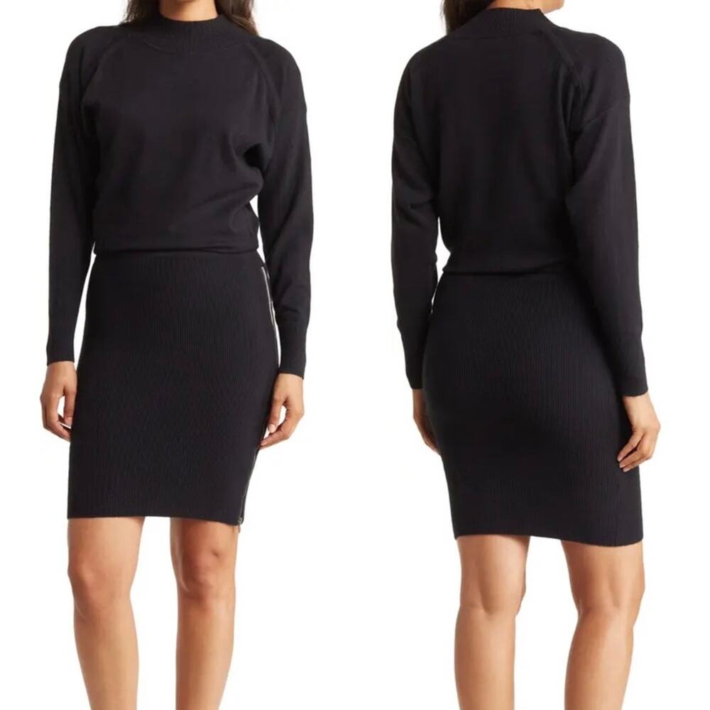 Stitchdrop Black Side Zip Long Sleeve Midi Sweater Dress